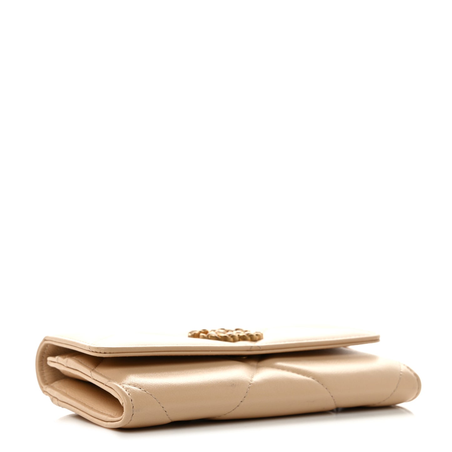 Shiny Goatskin Quilted Chanel 19 Flap Wallet Beige