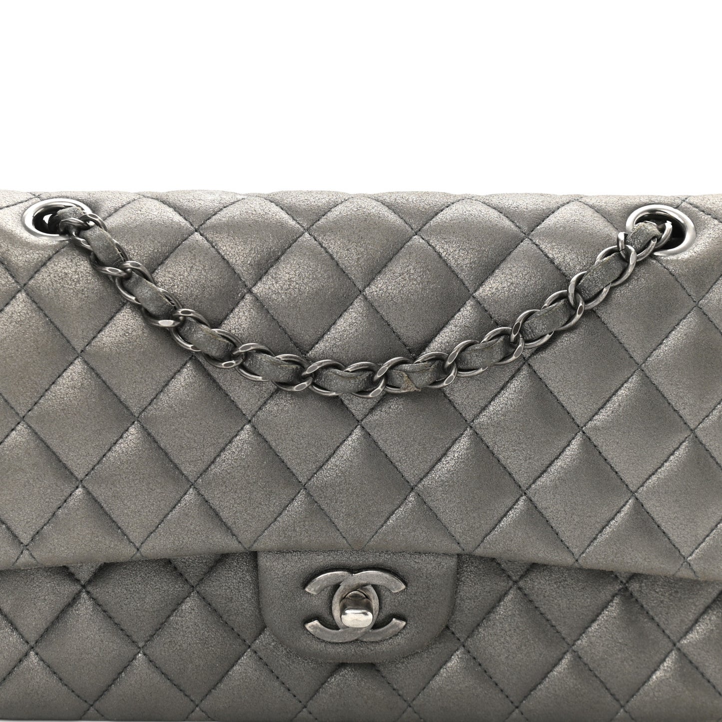 Metallic Lambskin Quilted Medium Double Flap Pewter
