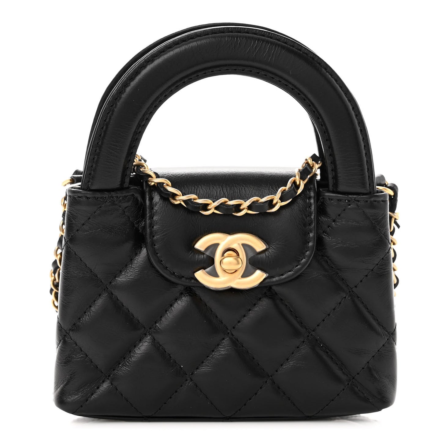 Shiny Aged Calfskin Quilted Mini Nano Kelly Shopper Black
