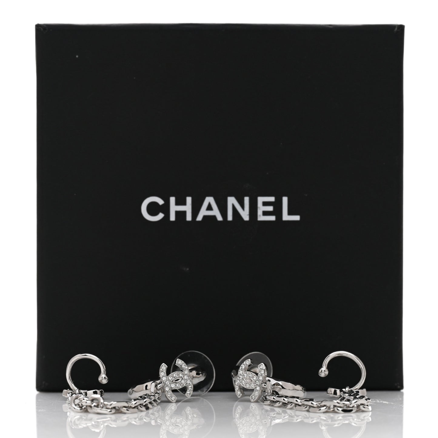 Crystal Chain CC Climber Earrings Silver