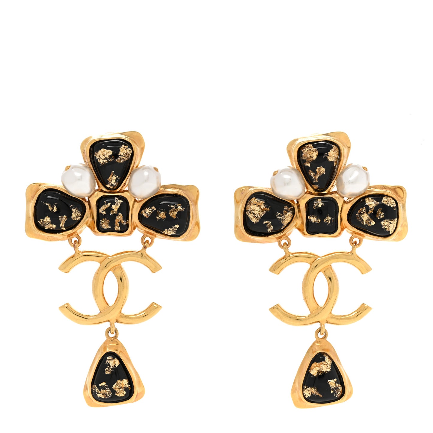 Resin Pearl Gripoix CC Drop Earrings Gold Black Pearly White