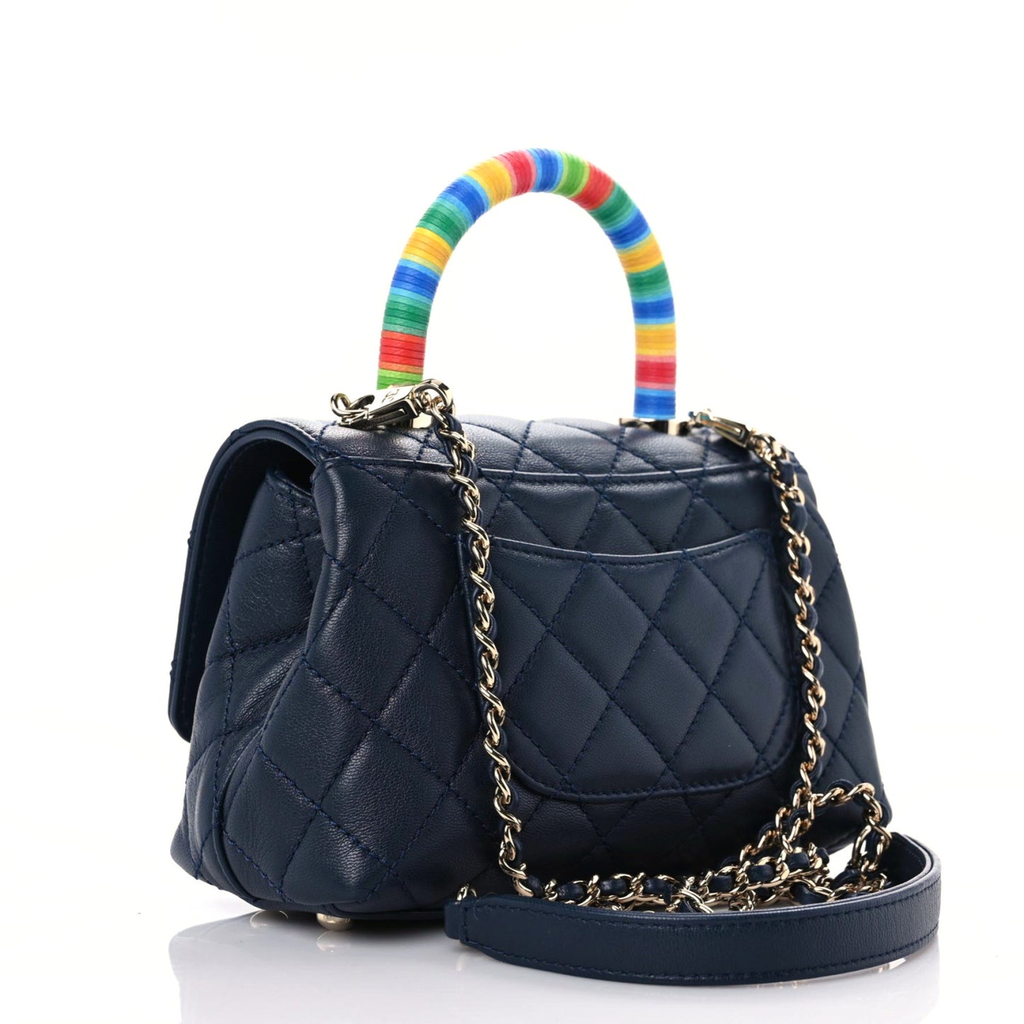 Goatskin Quilted Extra Mini Rainbow Coco Handle Flap Navy Blue
