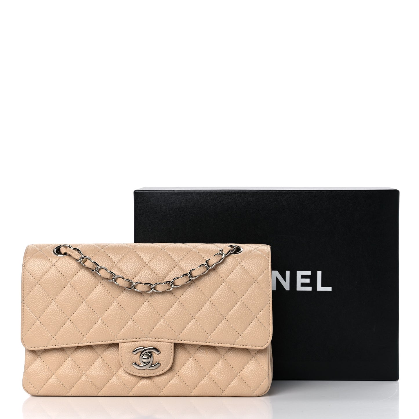 Caviar Quilted Medium Double Flap Beige