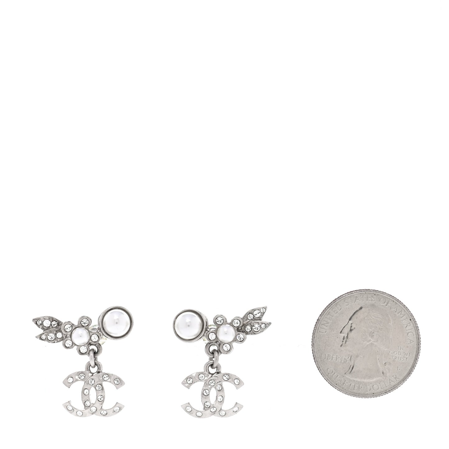 Crystal Pearl CC Leaf Earrings Silver