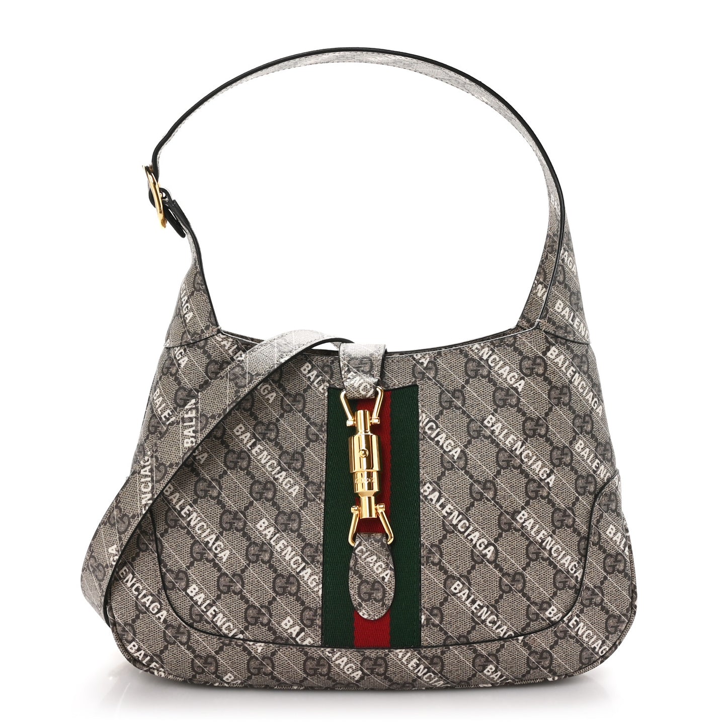 X BALENCIAGA GG Supreme Monogram Striped Logo Print Web Small Jackie 1961 Hobo Beige Ebony Mystic White