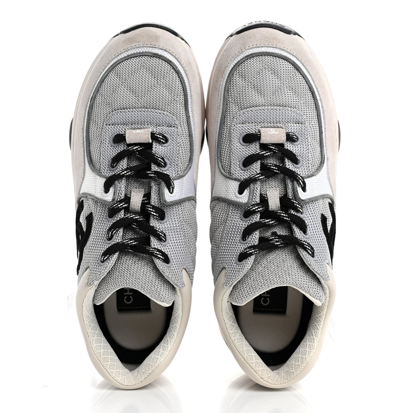 Mesh Suede Calfskin Grained Calfskin Womens CC Sneakers 38 Grey White