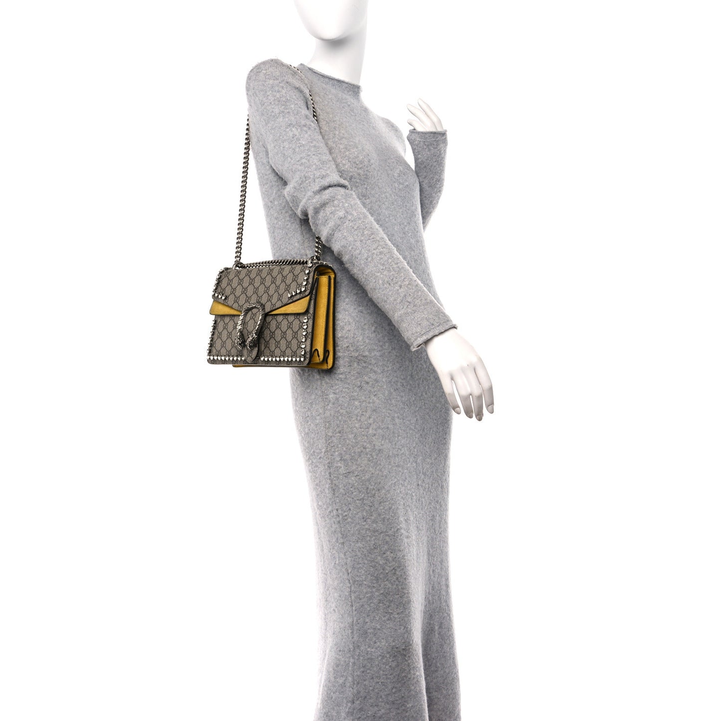 GG Supreme Monogram Suede Crystal Small Dionysus Shoulder Bag Beige Ebony Yellow