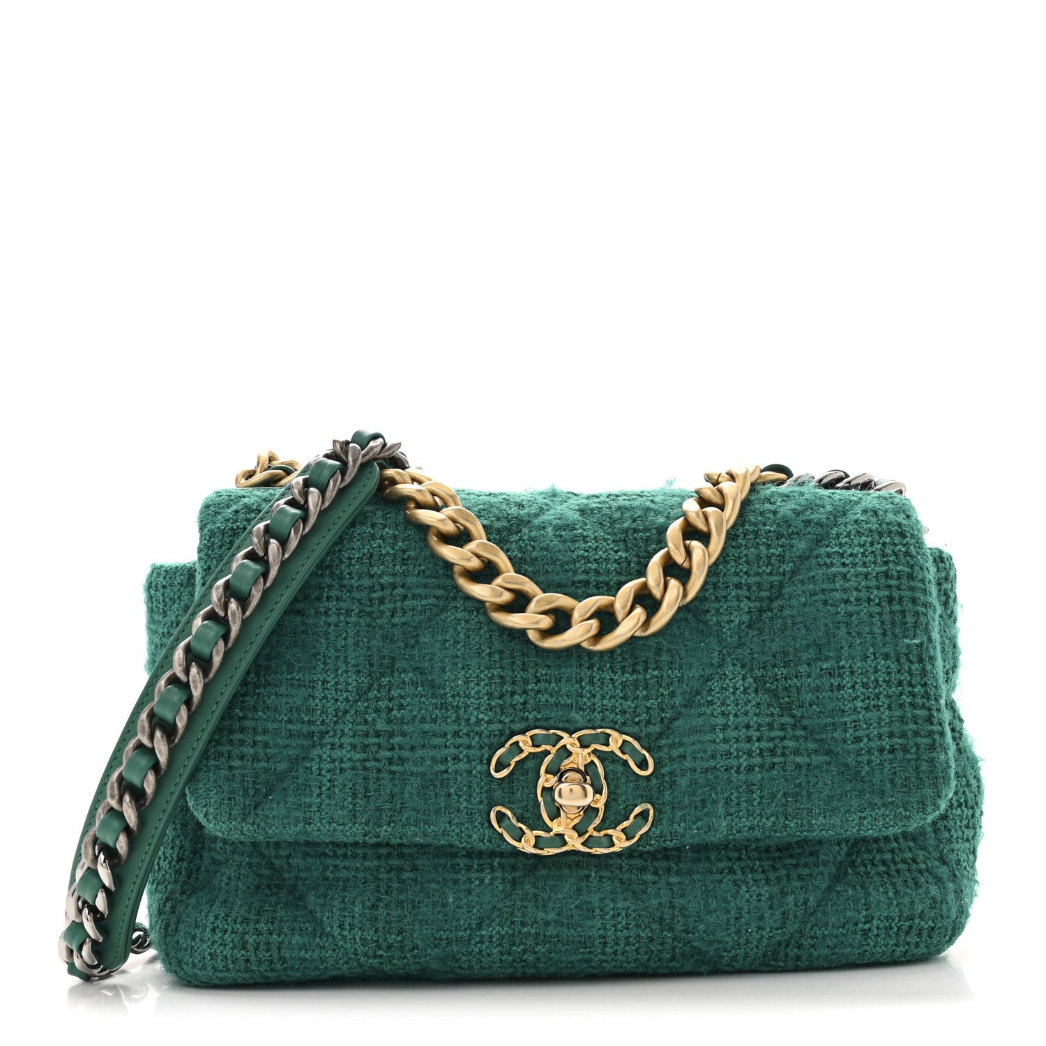 Chanel Tweed Quilted Medium Chanel 19 Flap Green 1753668