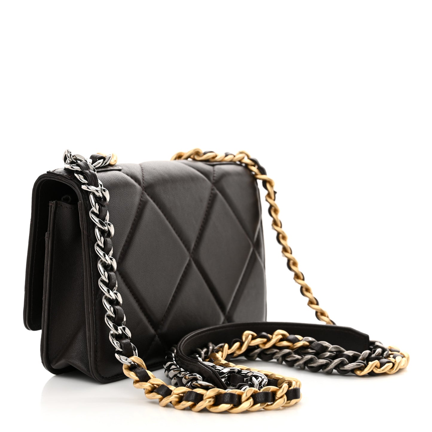 Lambskin Quilted Chanel 19 Wallet On Chain WOC Dark Brown