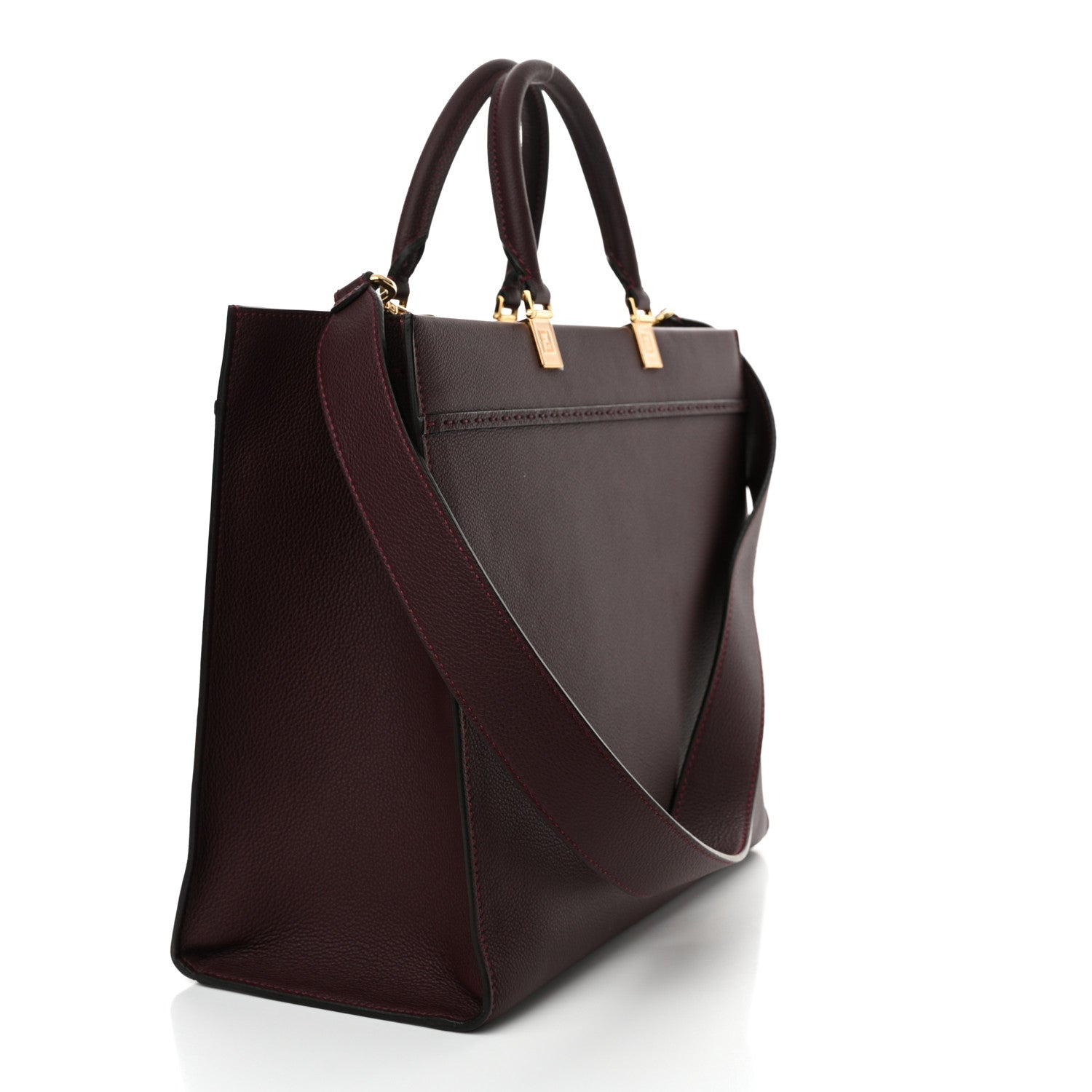 Fendi Vitello Cher Logo Debossed Medium Fendi Sunshine Shopper Tote Burgundy 3 of 12