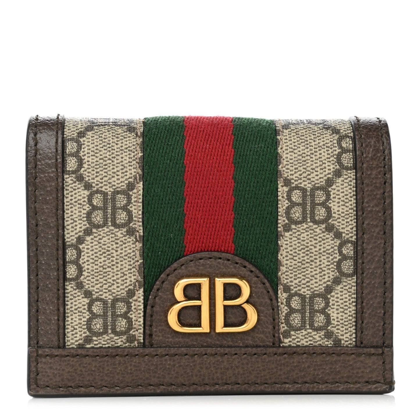 X BALENCIAGA BB Supreme Monogram Textured Dollar Calfskin Web Ophidia Card Case Wallet Beige Ebony New Acero