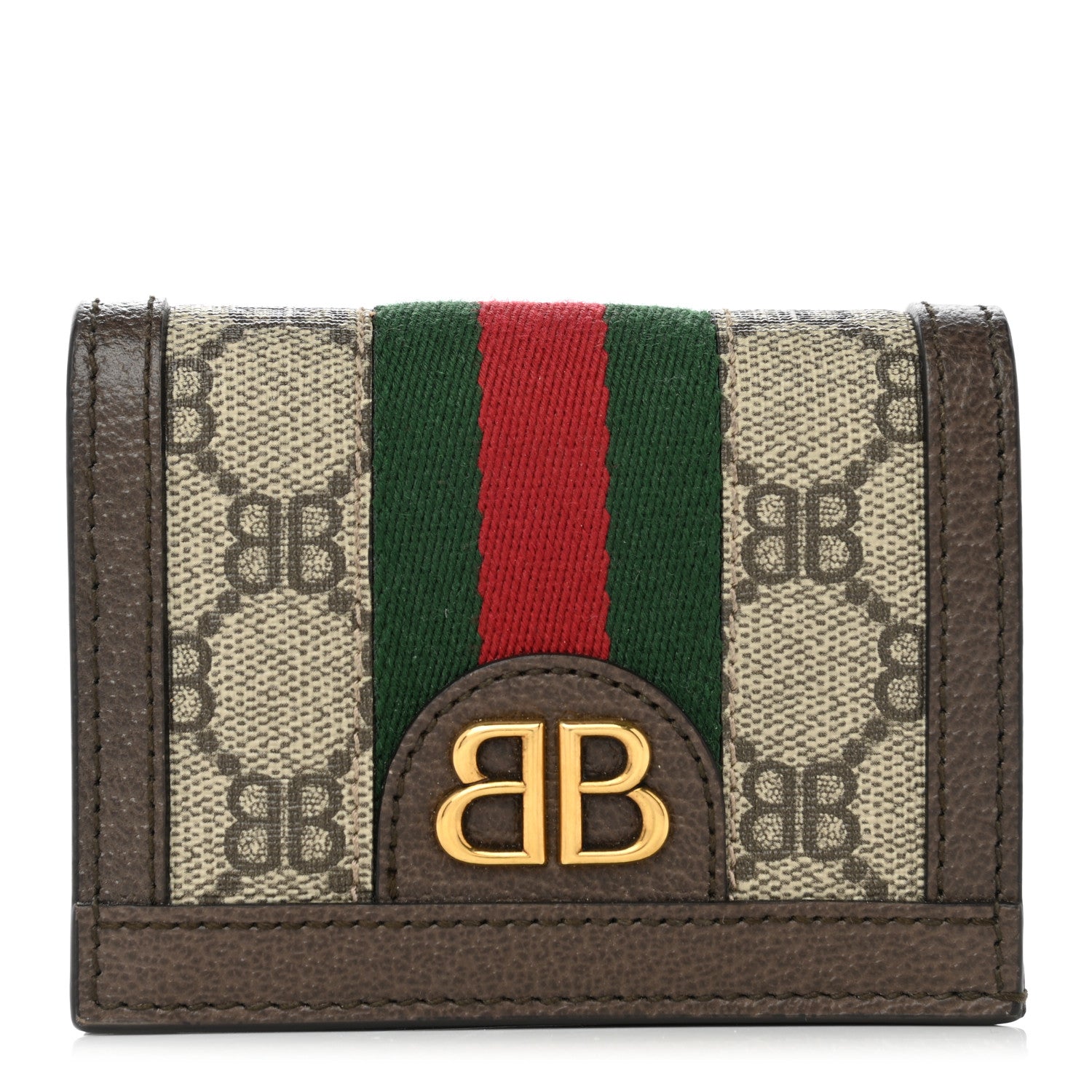 Gucci X BALENCIAGA BB Supreme Monogram Textured Dollar Calfskin Web Ophidia Card Case Wallet Beige Ebony New Acero 1 of 9