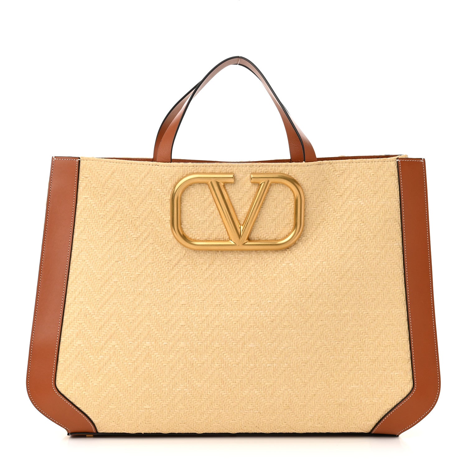 Valentino Garavani Raffia Calfskin Large Vlogo Shoulder Tote Naturale Saddle Brown 1 of 10