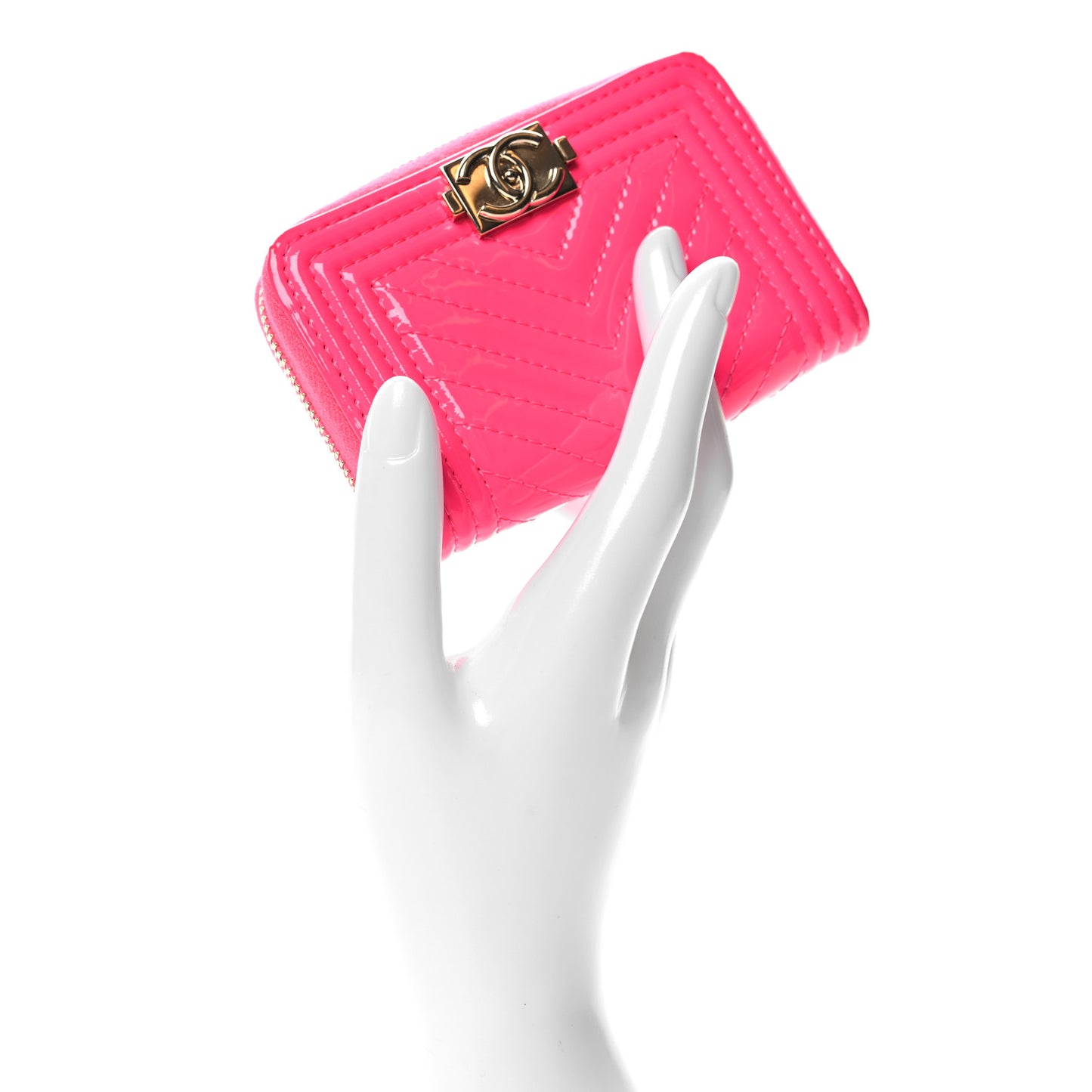 Patent Chevron Quilted Zip Around Boy Coin Purse Wallet Neon Pink