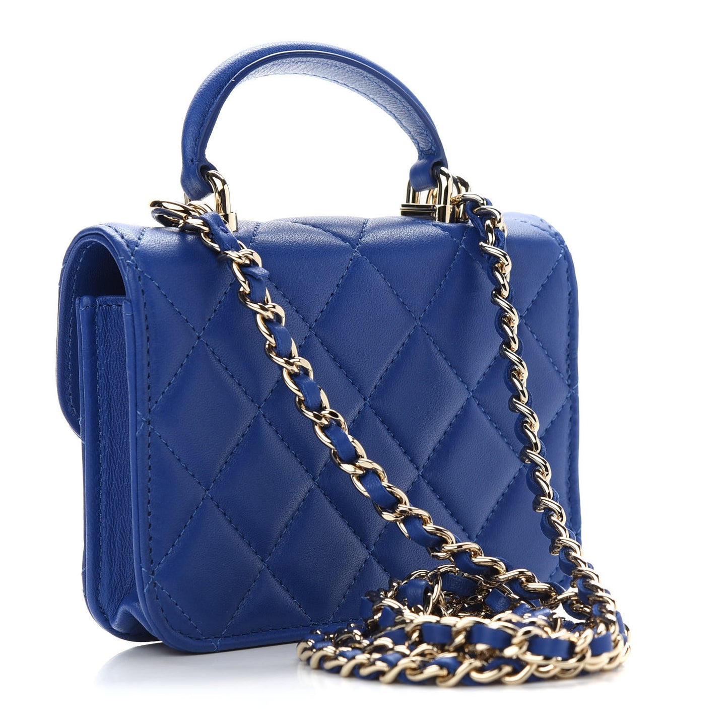 Lambskin Quilted Top Handle Flap Coin Purse With Chain Blue