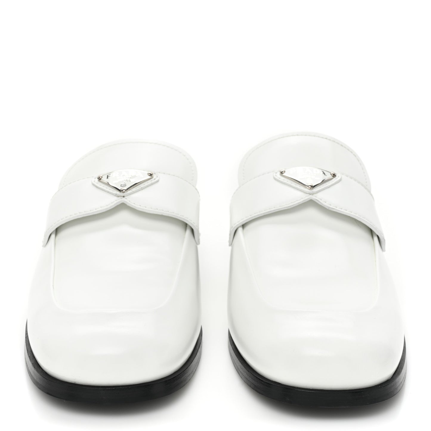 Brushed Calfskin Metal Triangle Logo Mules 40 White