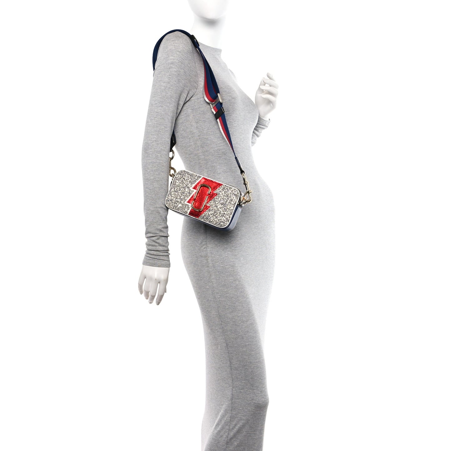 Glitter Calfskin Snake Embossed Snapshot Camera Bag Navy Silver Red