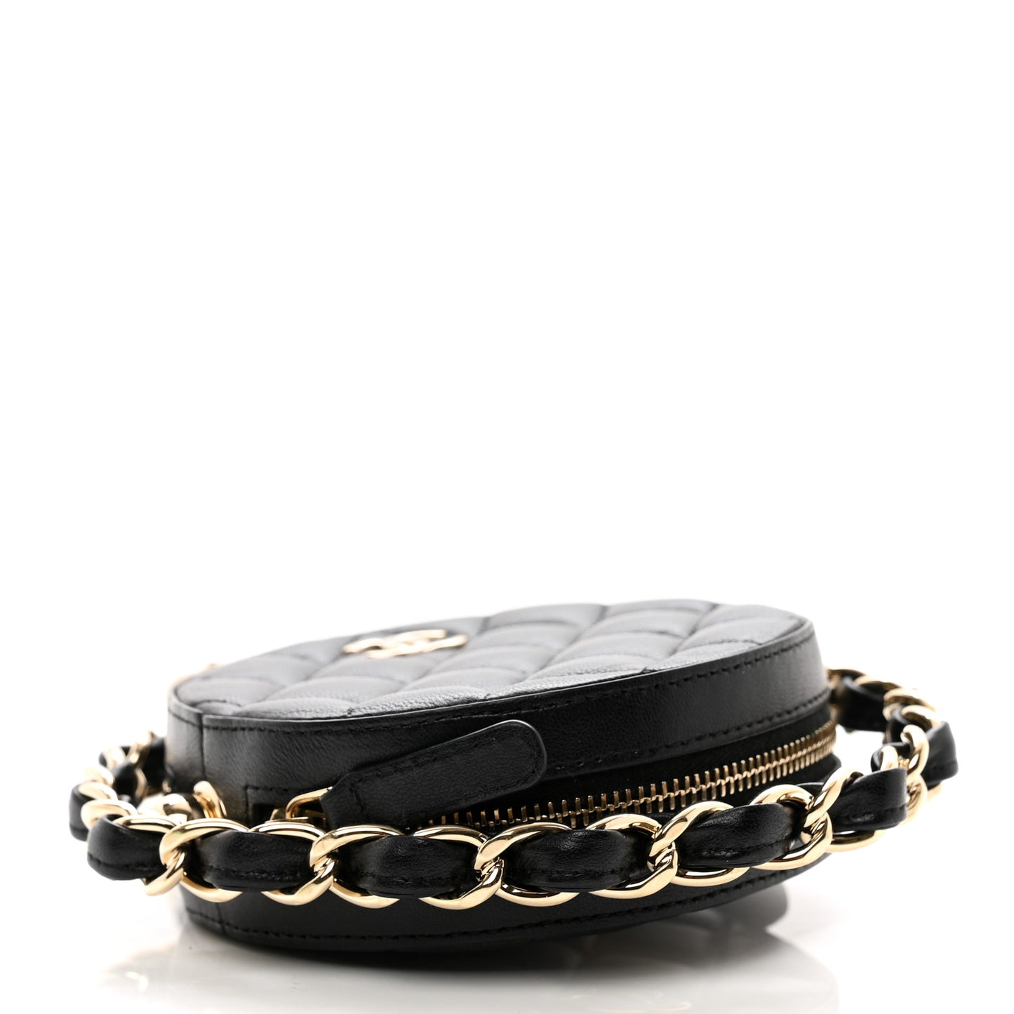 Lambskin Quilted Chain Round Mini Clutch Black
