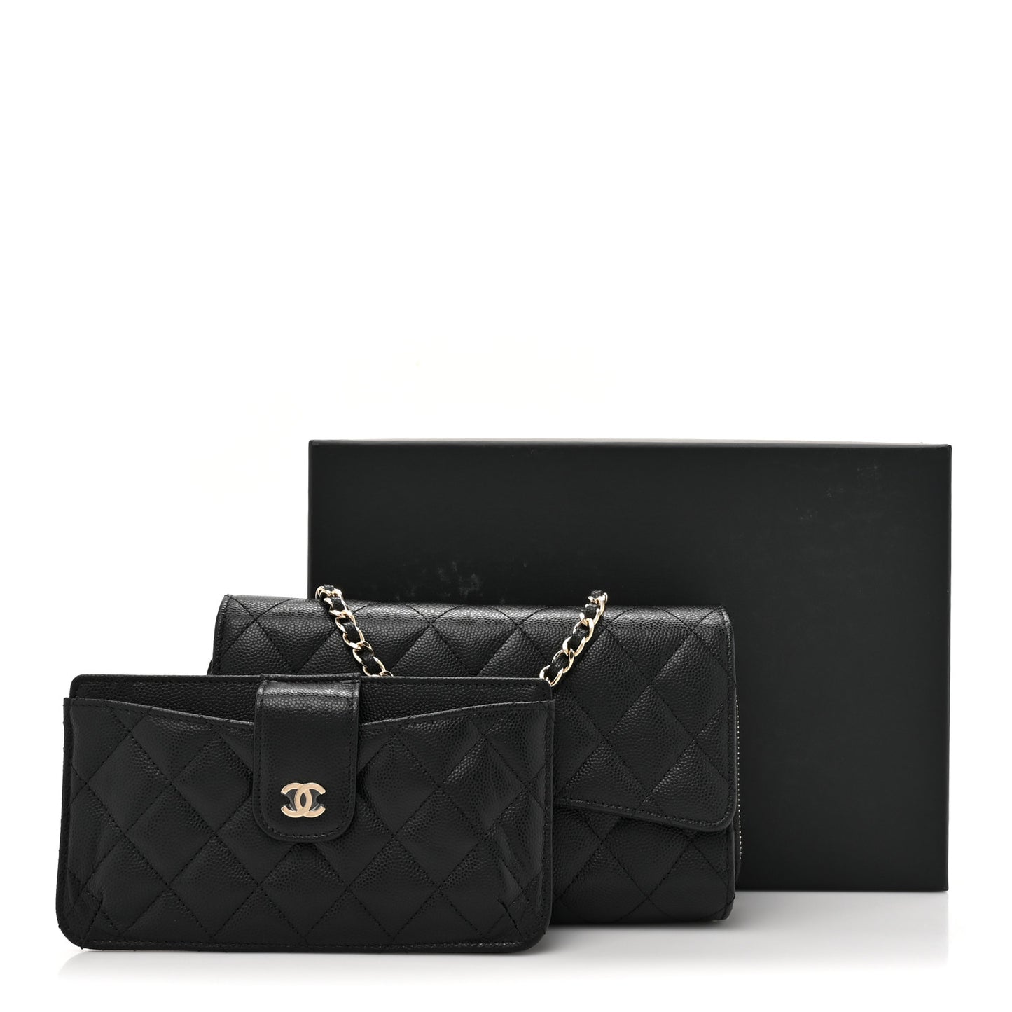 Caviar Quilted Phone Holder Wallet on Removable Chain Black