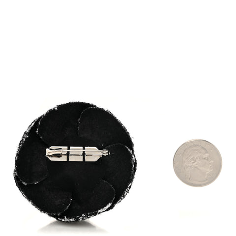 Tweed Camellia Pin Brooch Black Silver