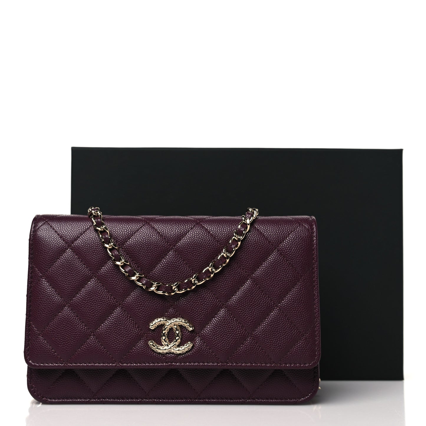 Caviar Quilted Chain Embossed CC Wallet On Chain WOC Burgundy