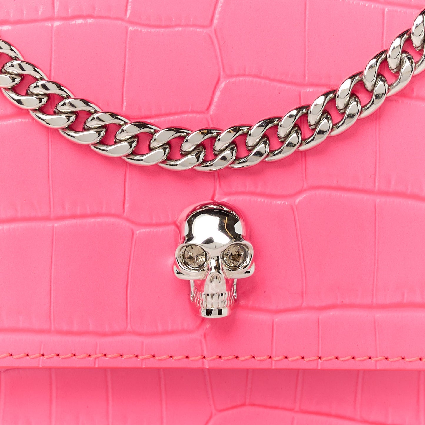 Calfskin Crocodile Embossed Skull Mini Crossbody Bag Neon Pink