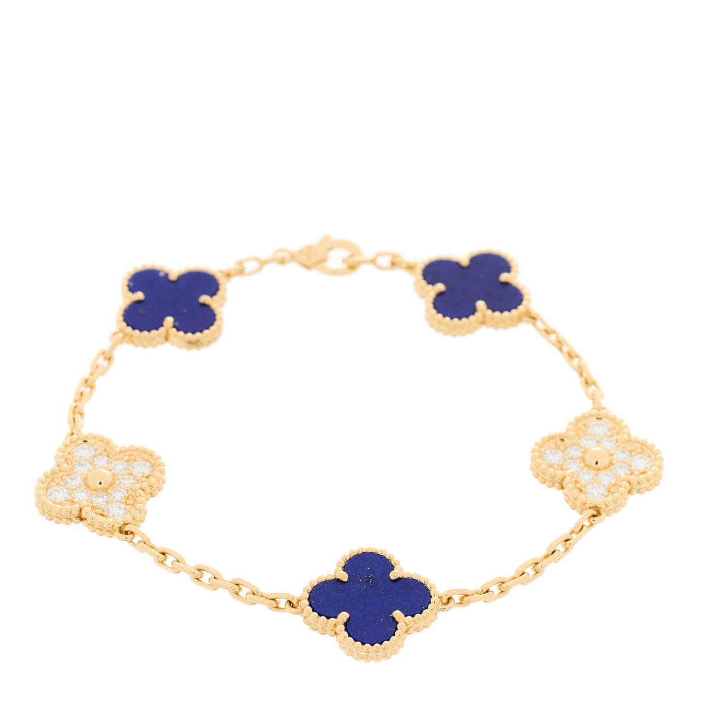 18K Yellow Gold Diamond Lapis Lazuli 5 Motifs Vintage Alhambra Bracelet