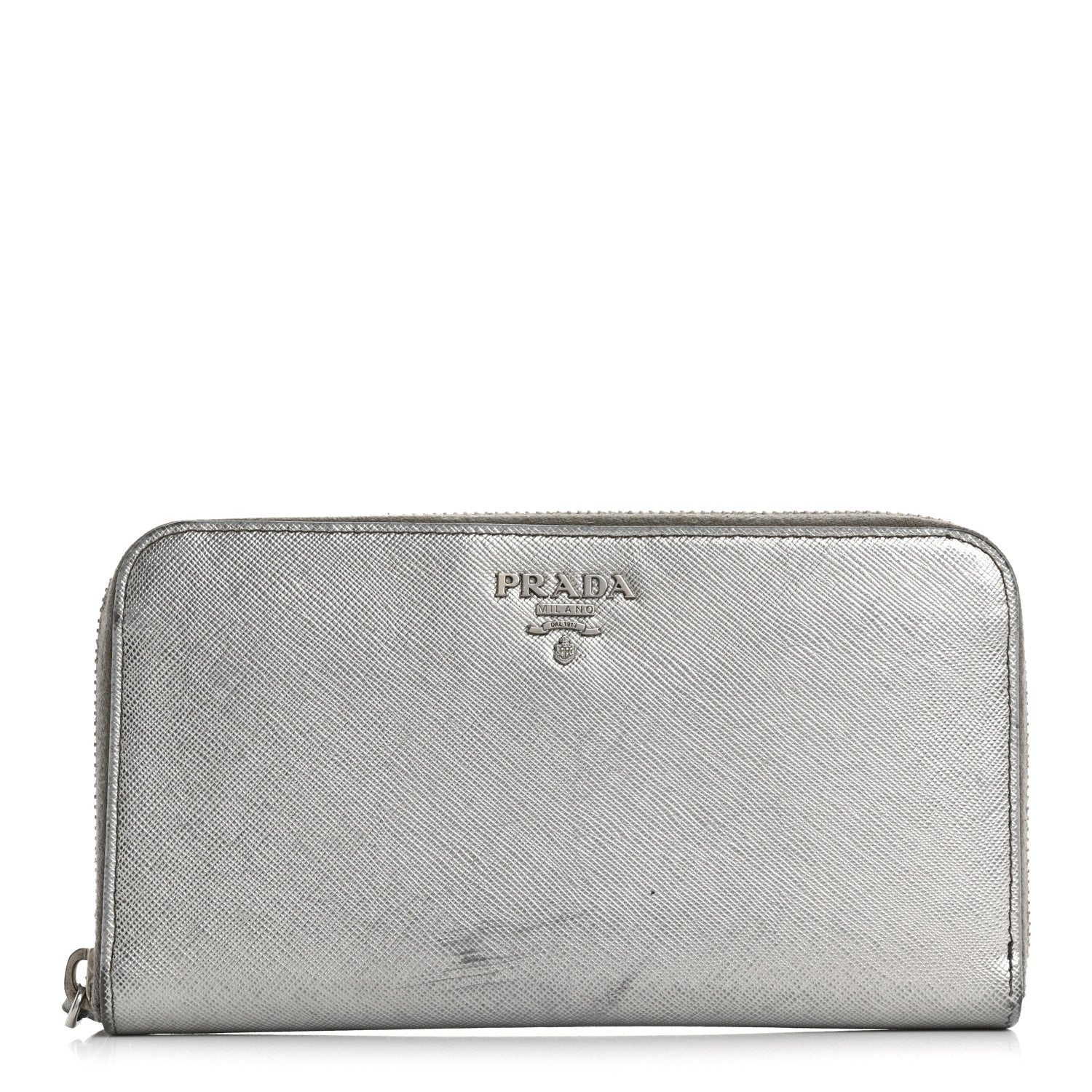 ［美品］PRADA SAFFIANO ROBOT シルバーメタル 長財布 Prada Saffiano Metal Zip Around Wallet Argento 1723667 – FASHIONPHILE