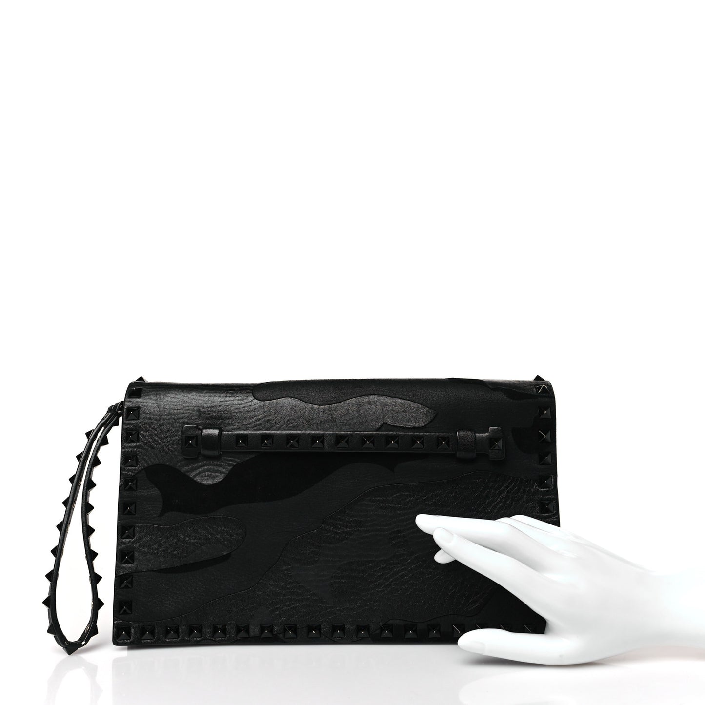 Nappa Canvas Camouflage Rockstud Wristlet Clutch Black