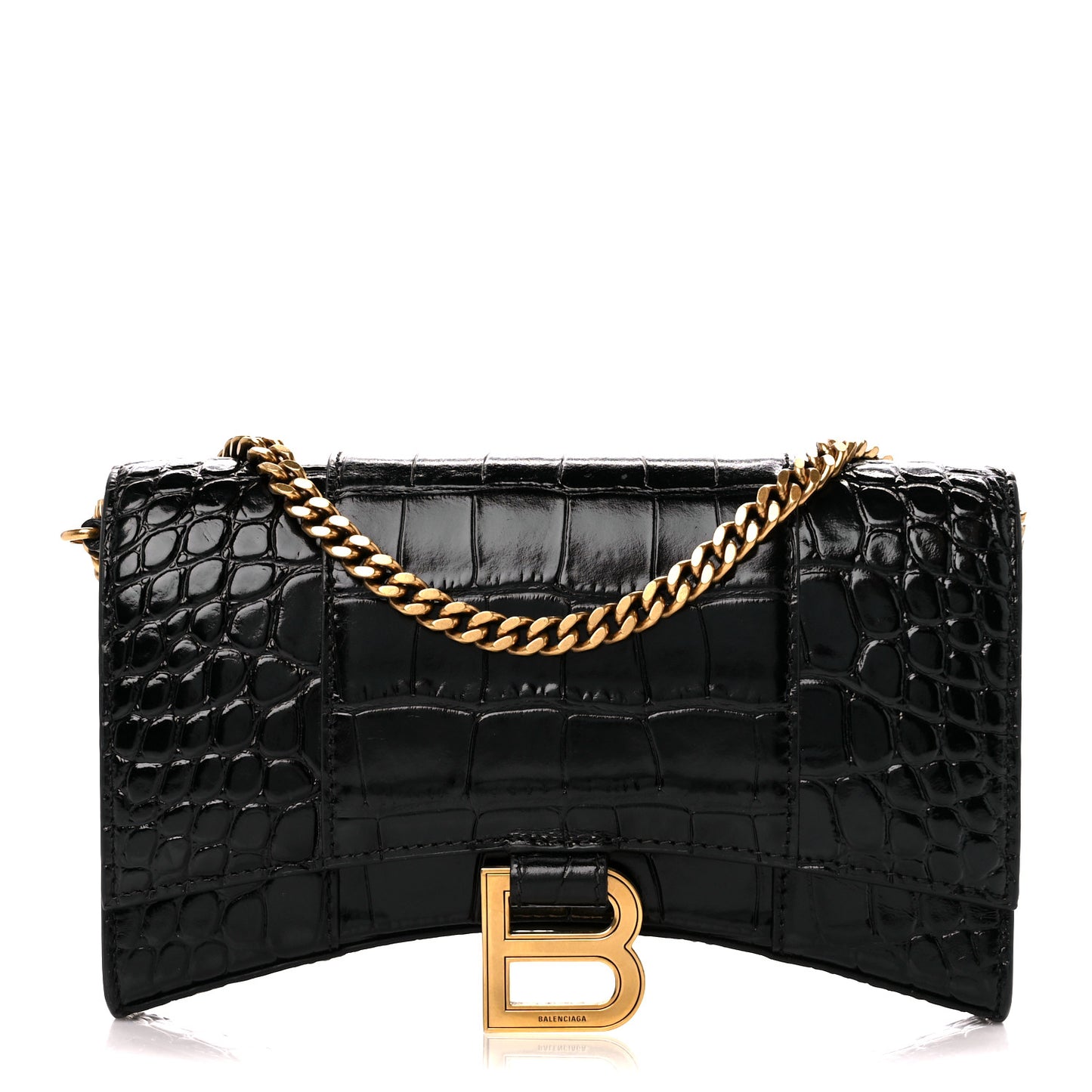 Shiny Calfskin Crocodile Embossed Hourglass Chain Bag Black