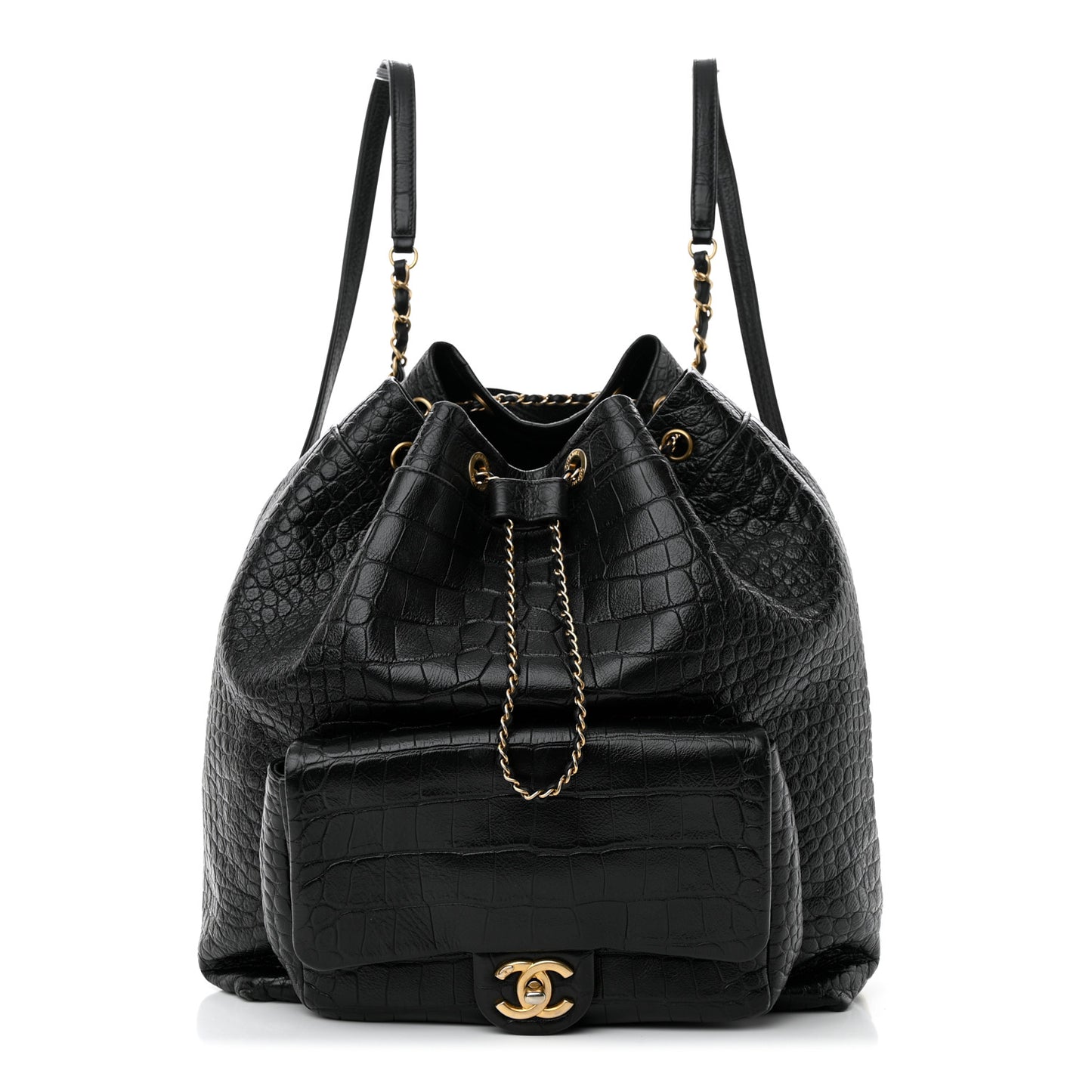 Calfskin Crocodile Embossed Large Backpack Black