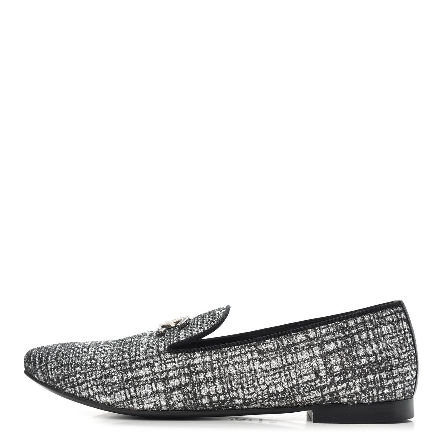 Fantasy Fabric Grosgrain CC Mocassin Loafers 39 Silver Black