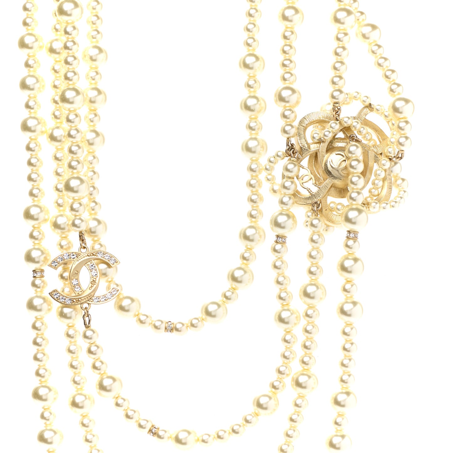 Crystal Pearl CC Multi Strand Necklace Gold