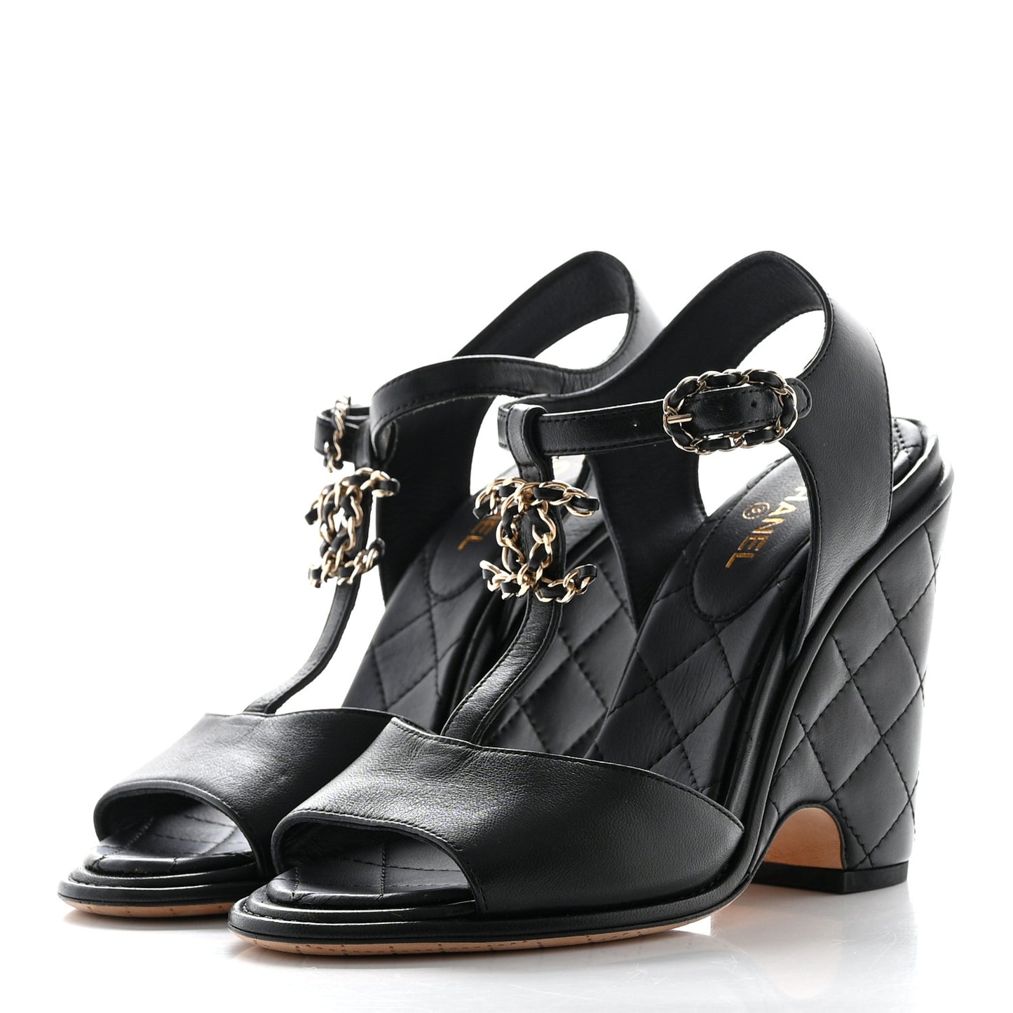Lambskin Quilted Chain CC Wedge Sandals 36 Black