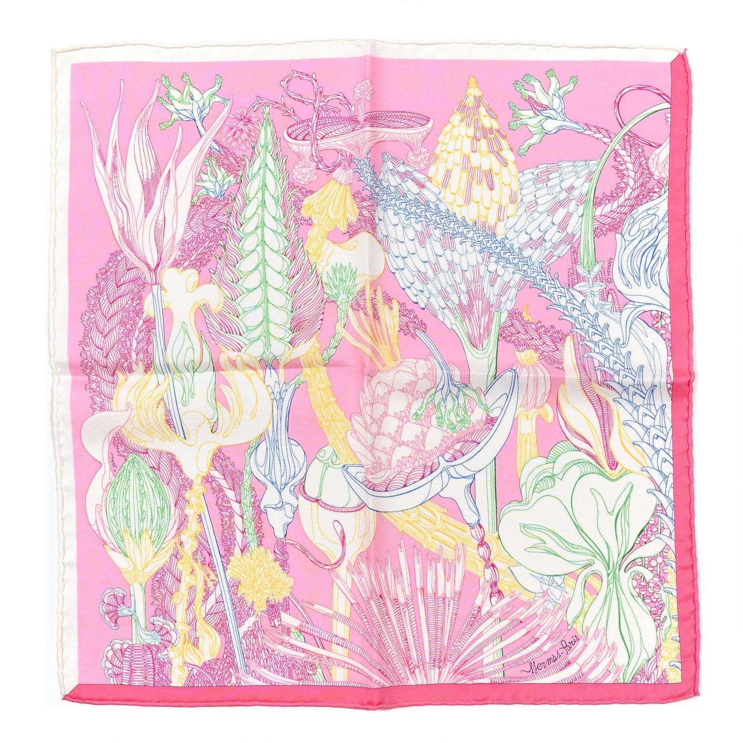 Hermes Silk Fantaisie Botanique Scarf 45 Rose Blanc Vert 1 of 4