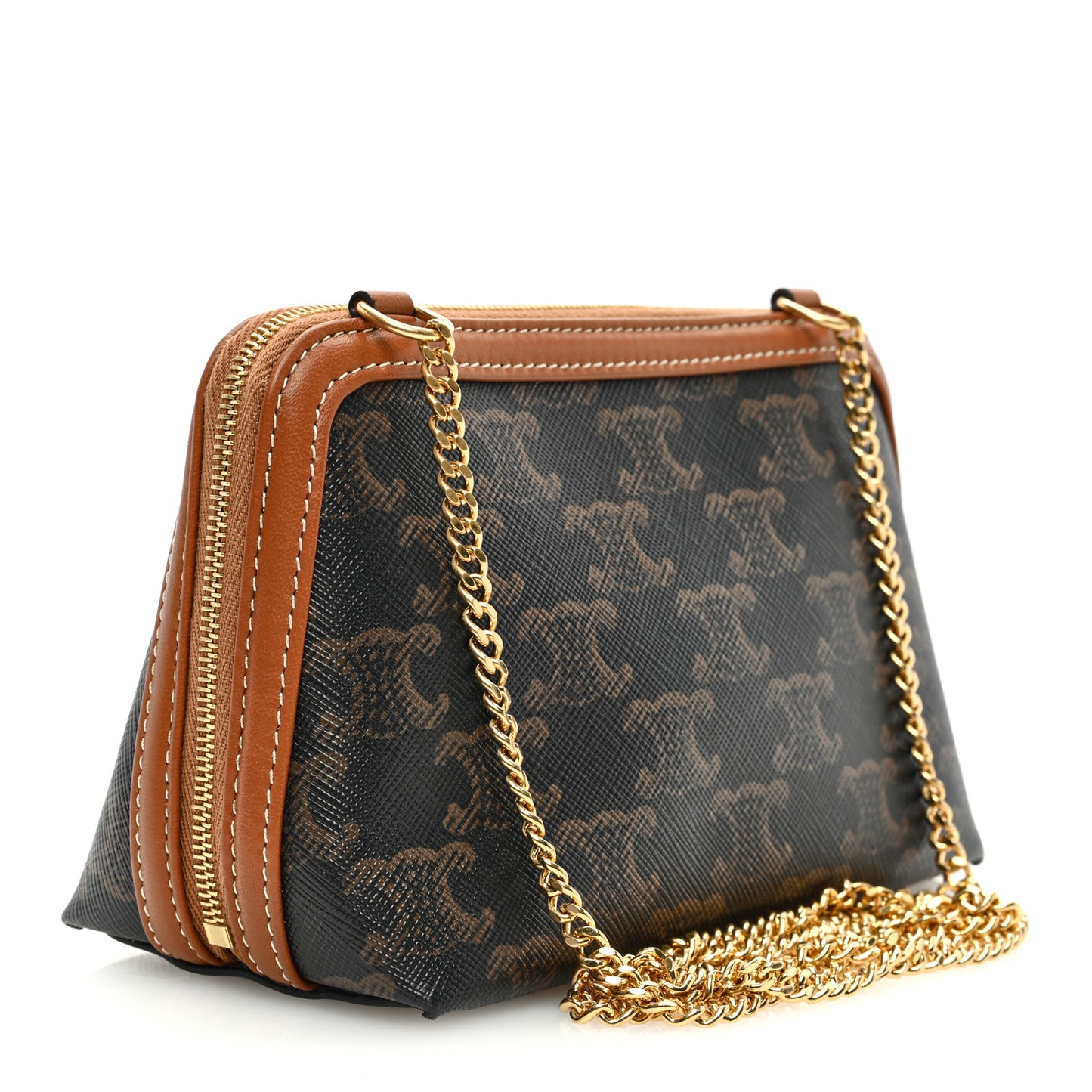 Triomphe Canvas Calfskin Mini Clutch on Chain Tan