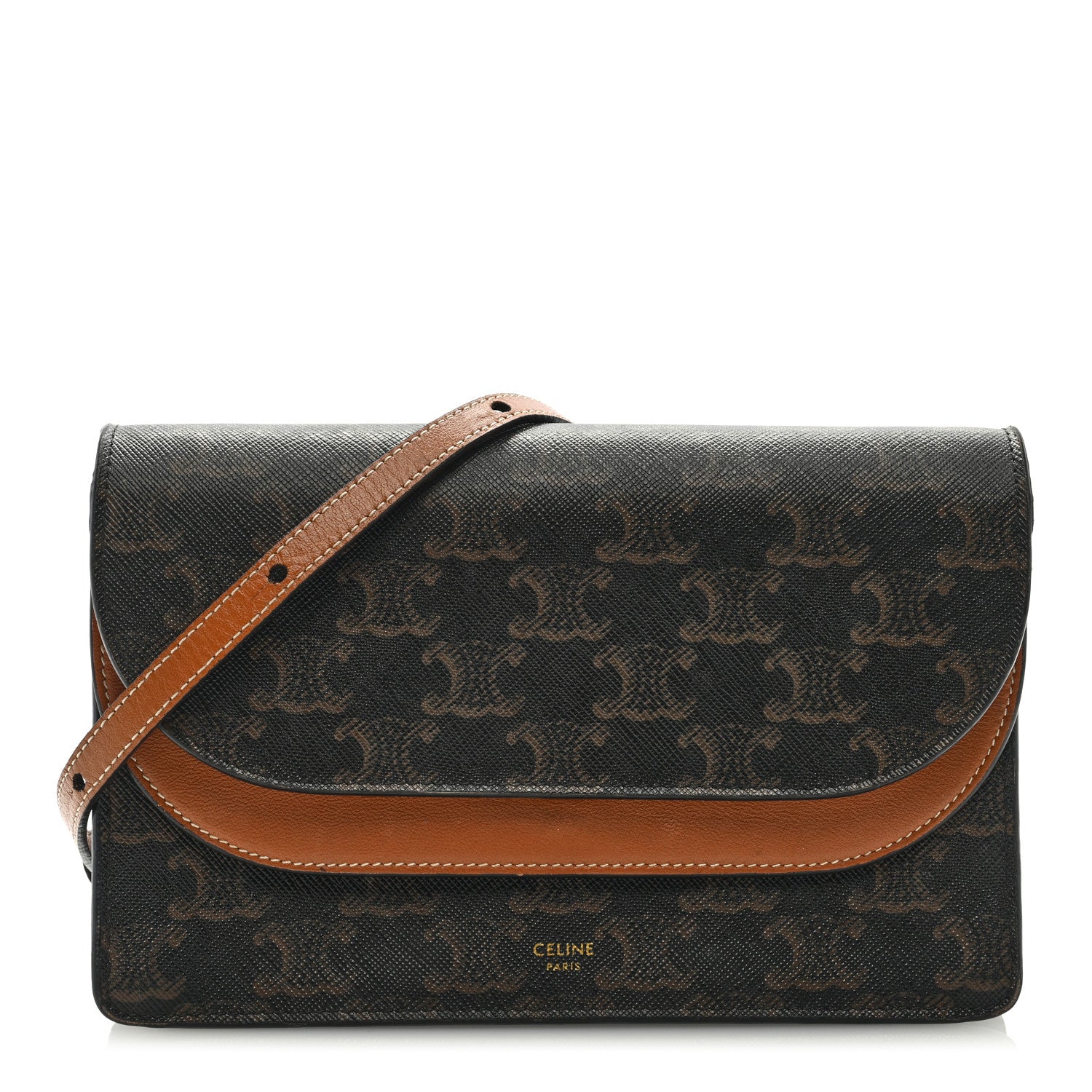 Celine Triomphe Canvas Lambskin Wallet On Strap Tan 1 of 7