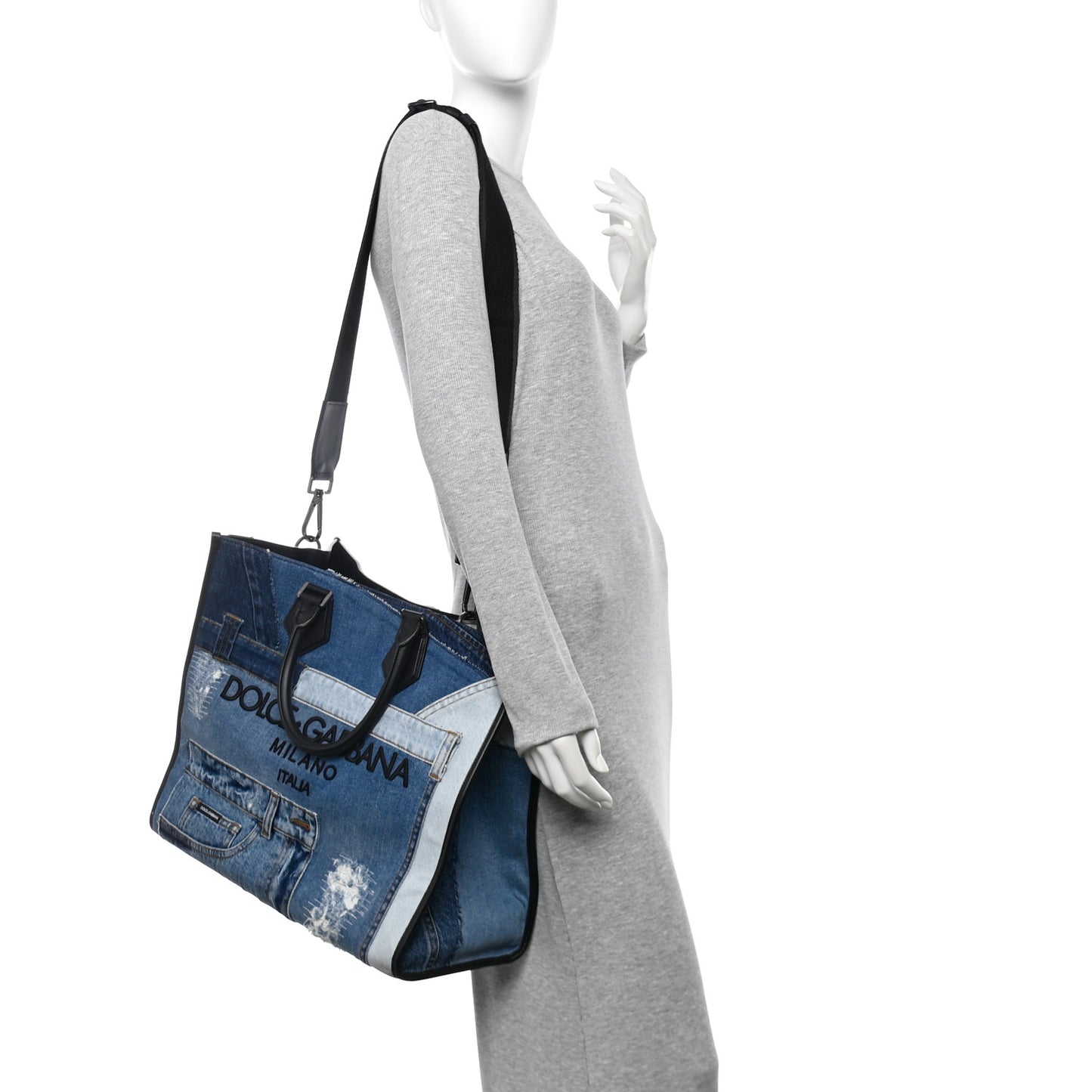 DOLCE GABBANA Large Denim Patchwork Shopping Tote Blue Black