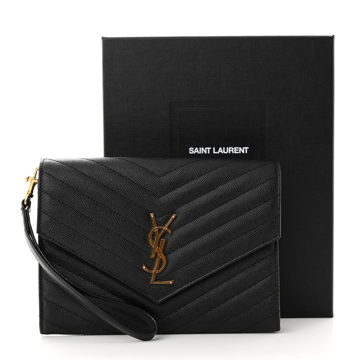 Grain De Poudre Matelasse Chevron Monogram Envelope Clutch Black
