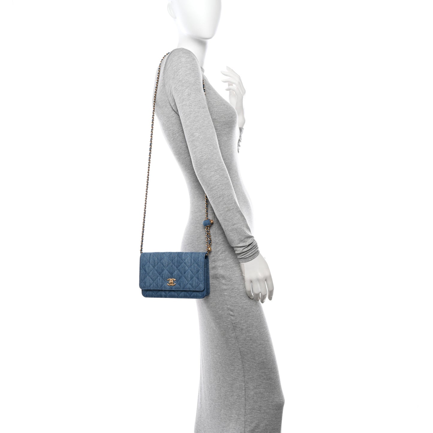 Denim Quilted CC Pearl Crush Wallet on Chain WOC Blue