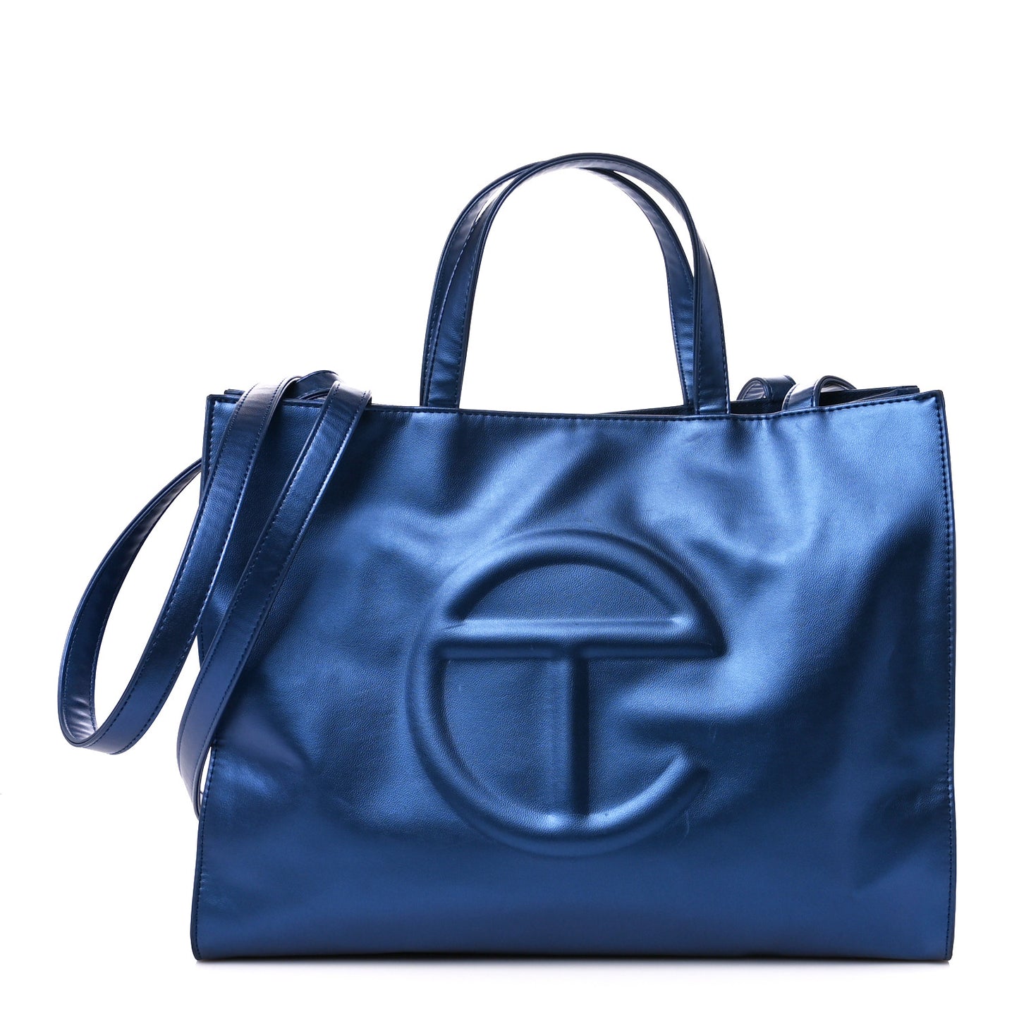 Metallic Vegan Leather Medium Shopping Bag Cobalt