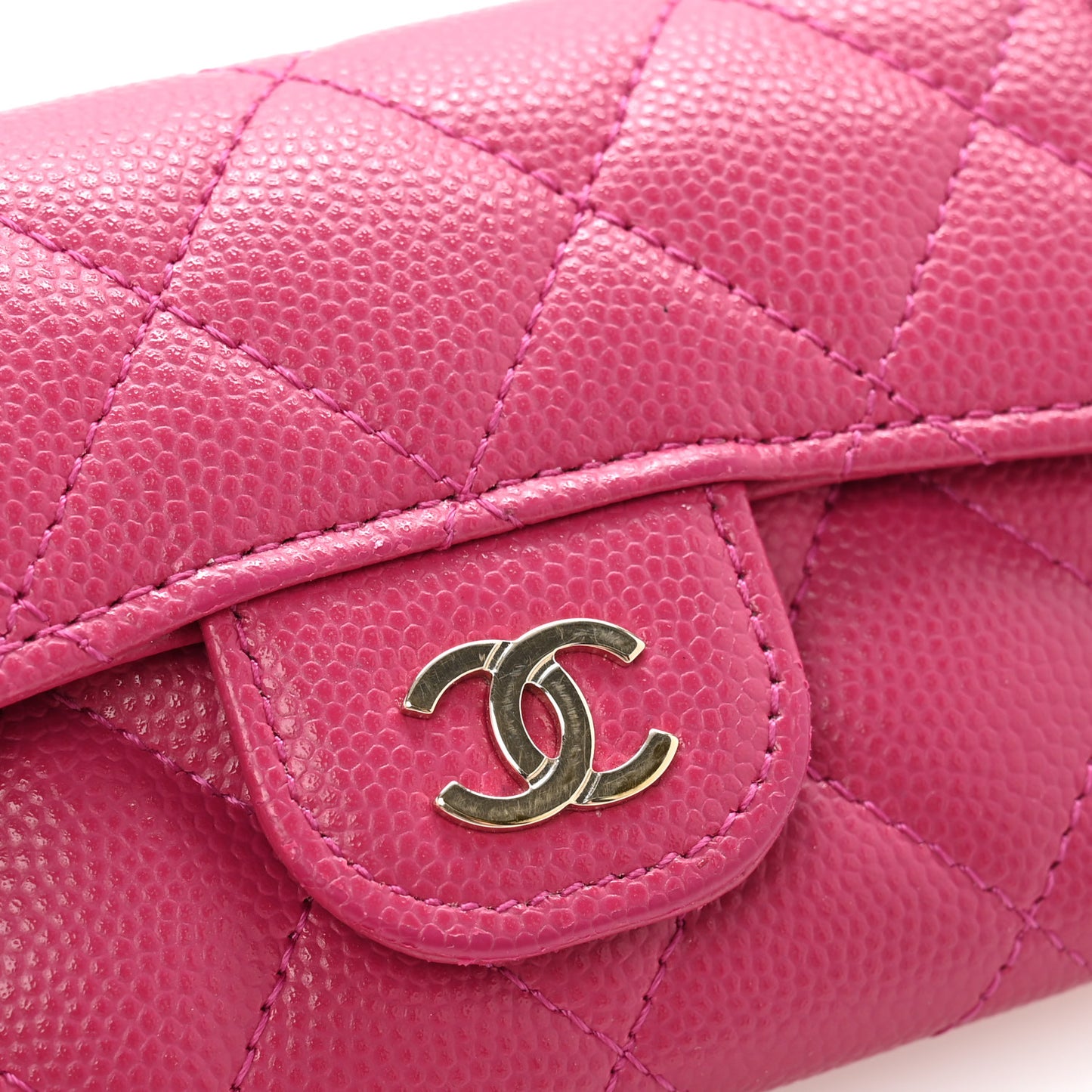 Caviar Quilted Flap Card Holder Wallet Dark Pink