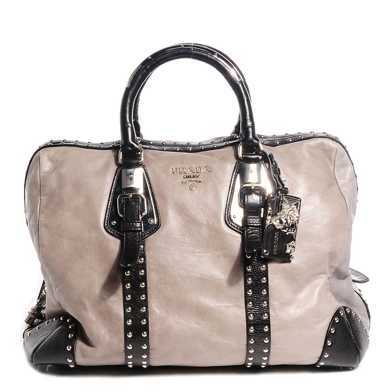 Prada Glace Calf Studded Large Trunk Bag Fumo Black 89356