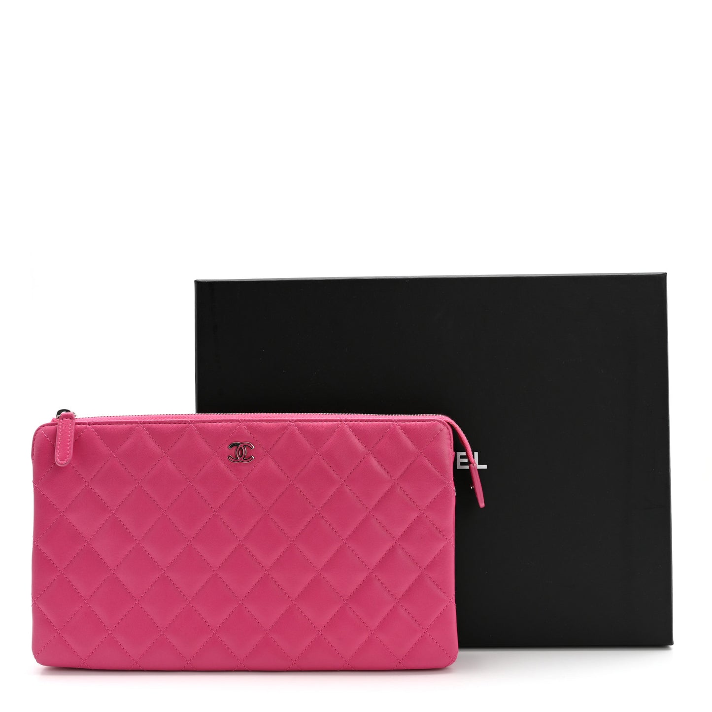Lambskin Quilted Enamel Zipped Clutch Pink