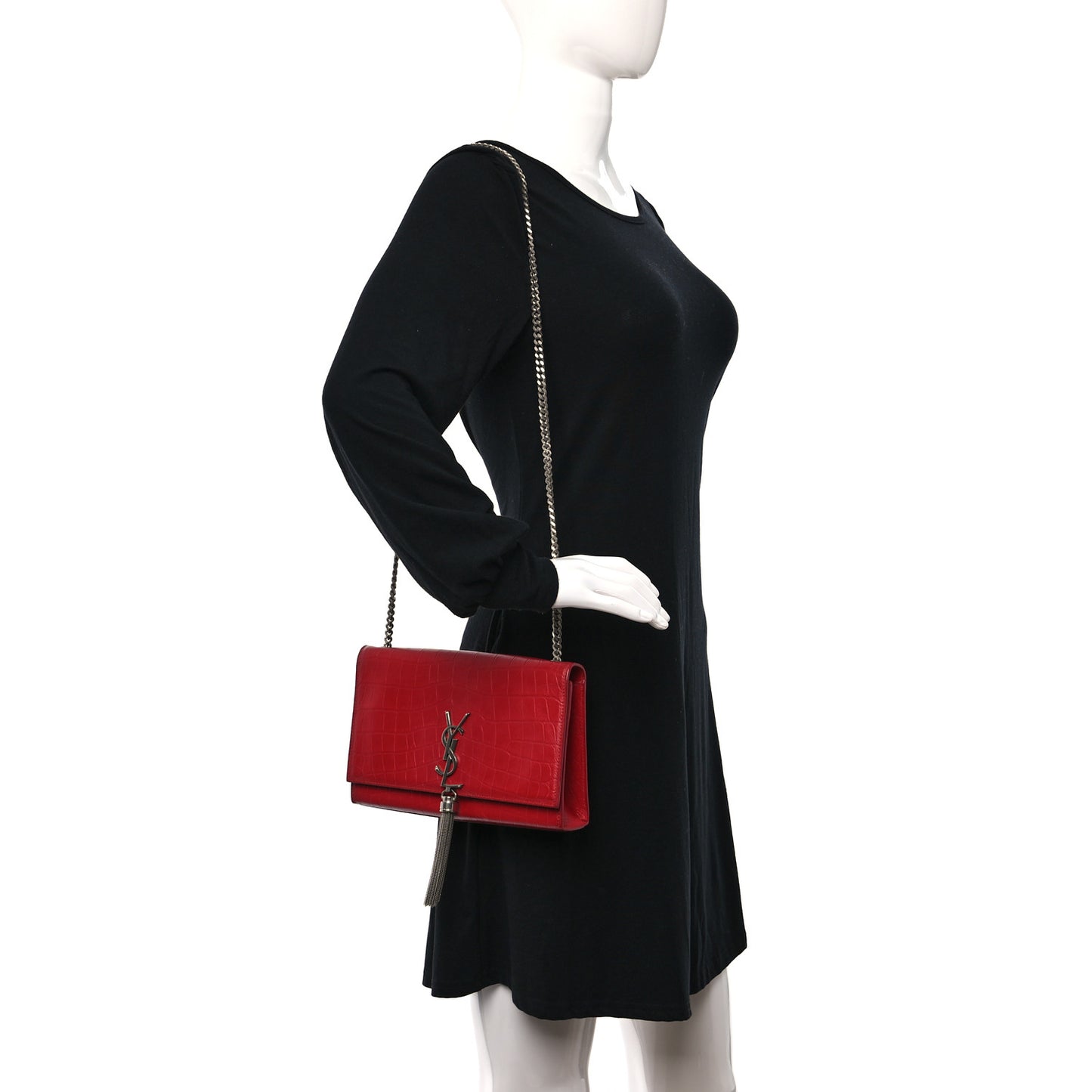 Calfskin Crocodile Embossed Medium Classic Monogram Kate Tassel Satchel New Red