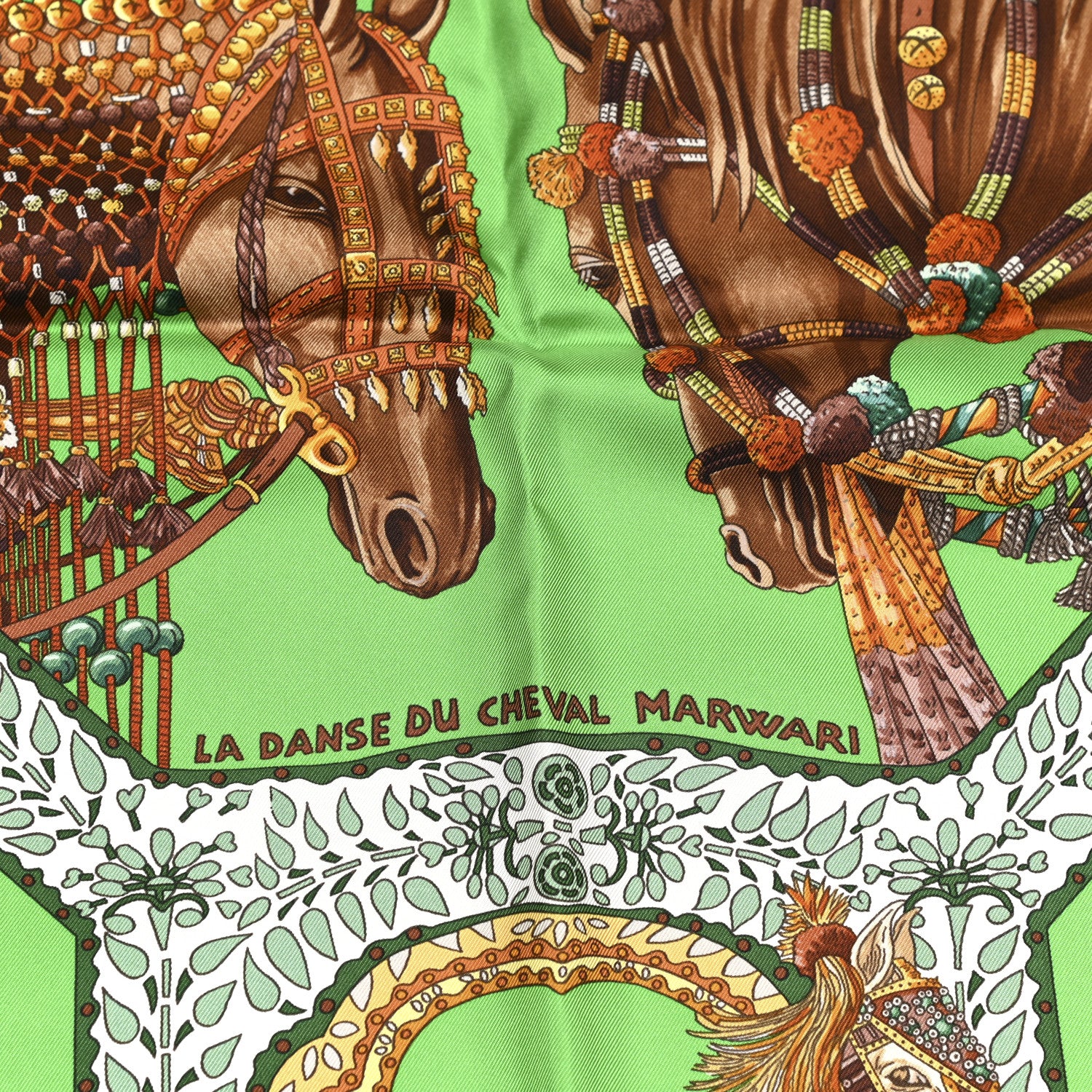 Hermes Silk La Danse du Cheval Marwari Scarf 90 Vert Cru White Tabac 3 of 6