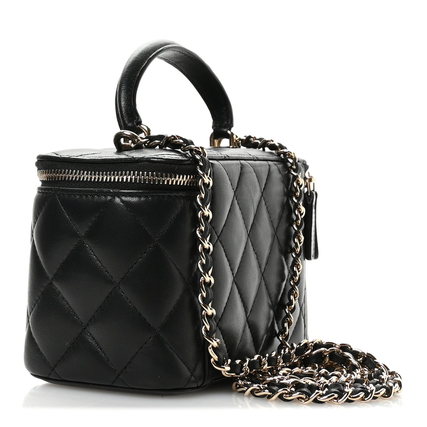Lambskin Quilted Small Top Handle Vanity Case With Chain Black