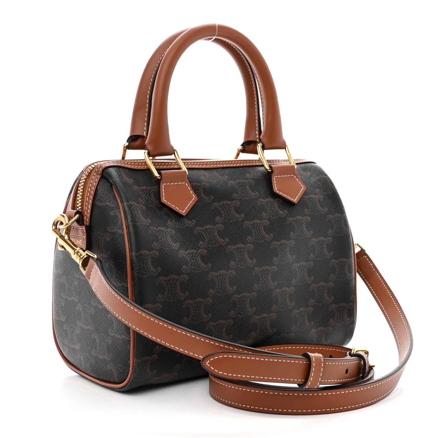 Triomphe Canvas Calfskin Small Boston Bag Tan