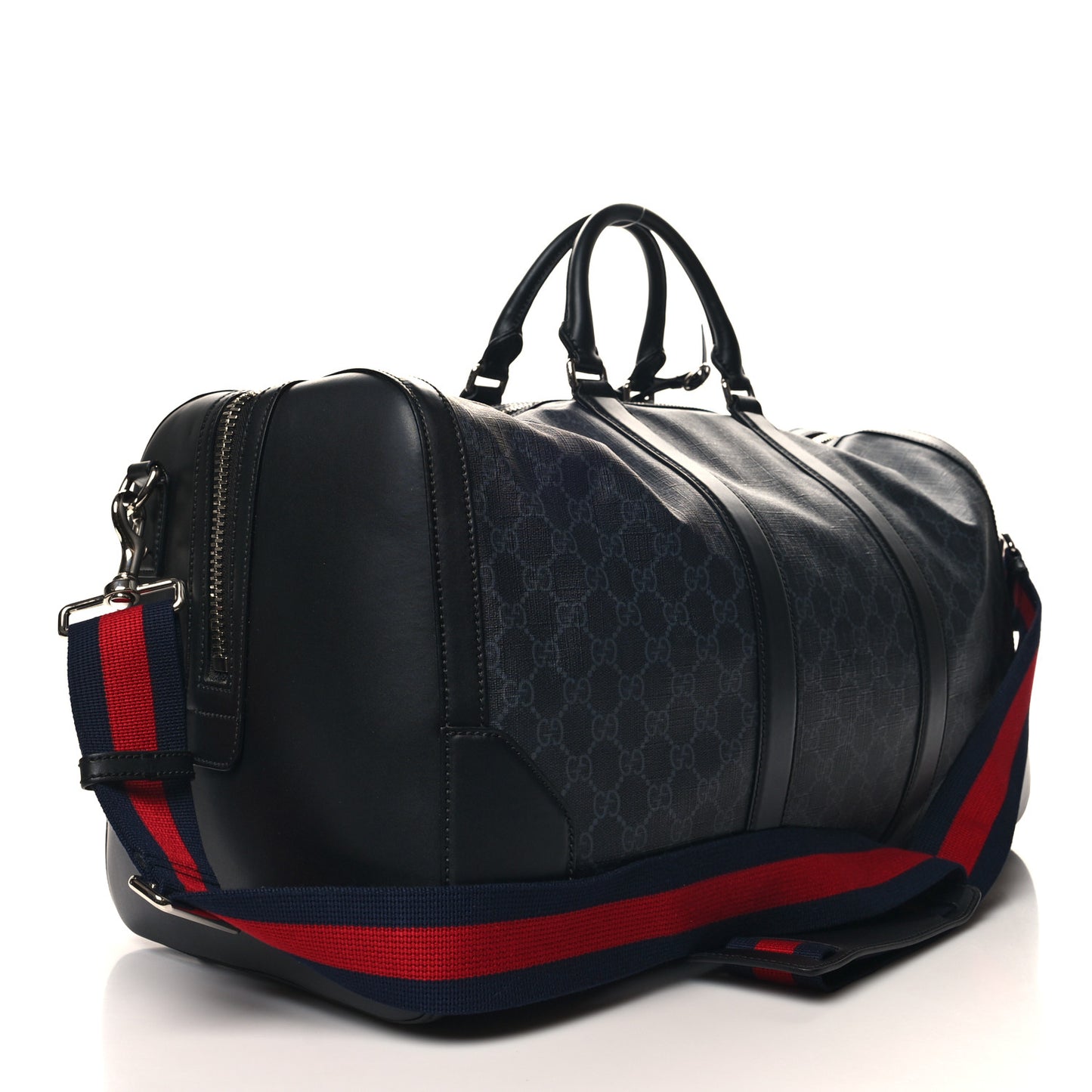 Soft GG Supreme Monogram Appia Calfskin Web Large Carry On Duffle Bag Black Grey