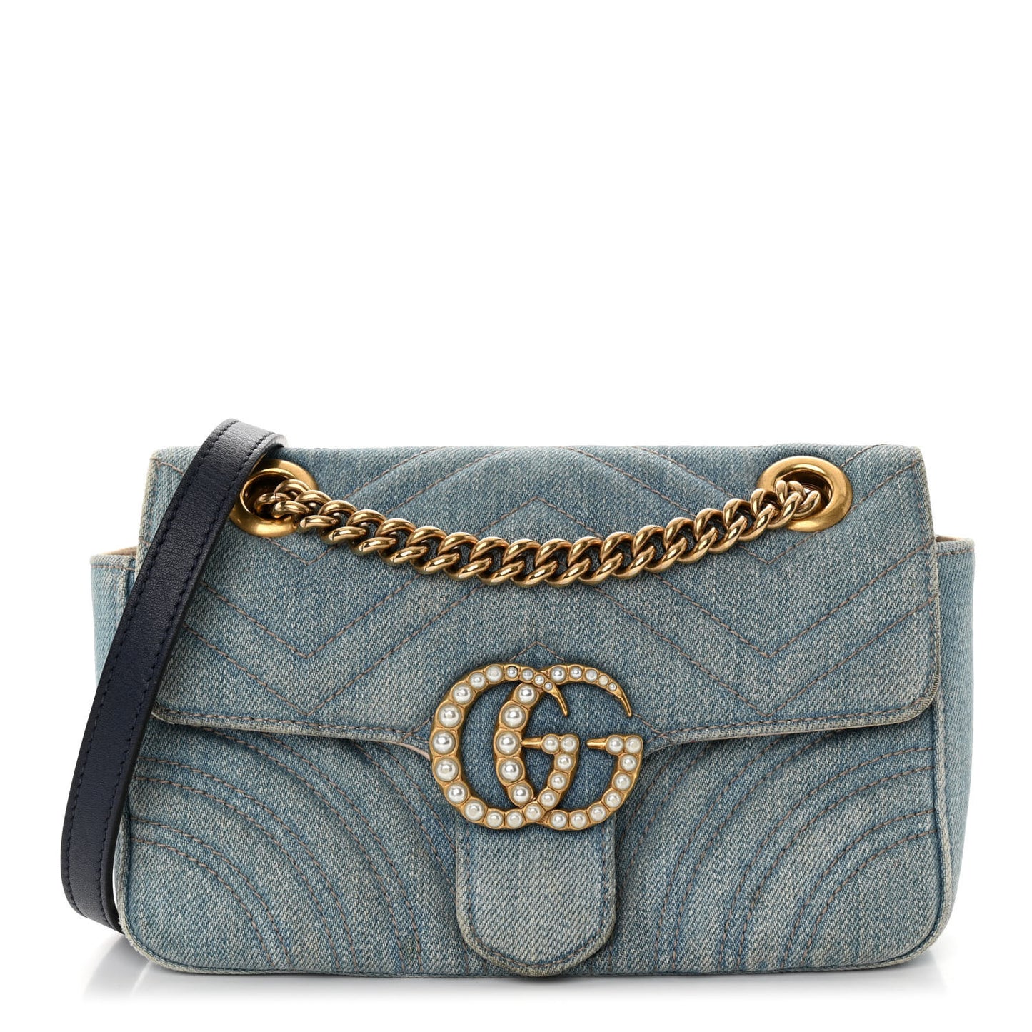 Denim Matelasse Mini Pearly GG Marmont Shoulder Bag Blue